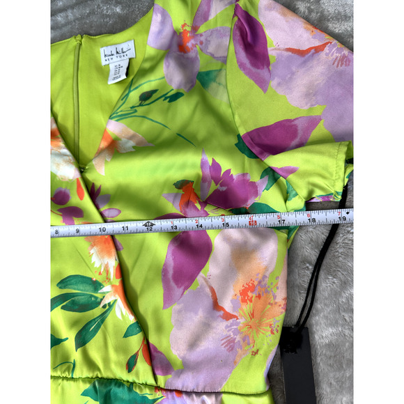 Nicole Miller Satin Neon Green Floral Tiered Ruffle Dress Womens Size M NEW - Picture 3 of 8
